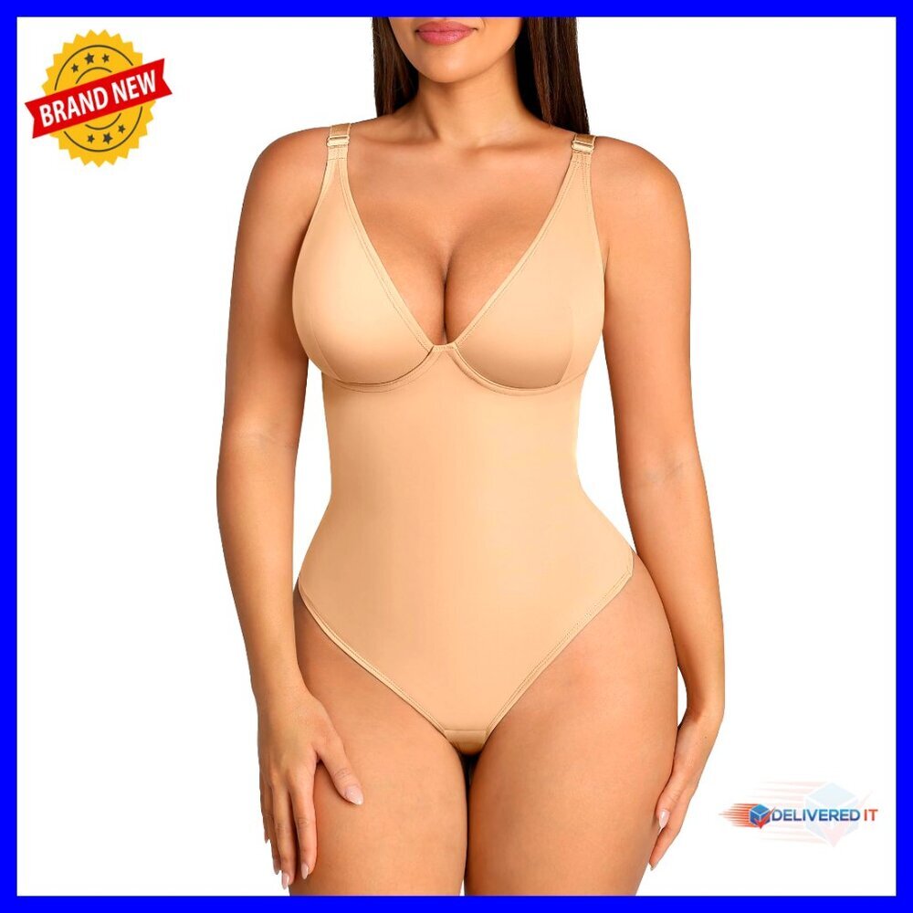 Tummy Control Shapewear Bodysuit Deep V Neck Thong Body Shaper